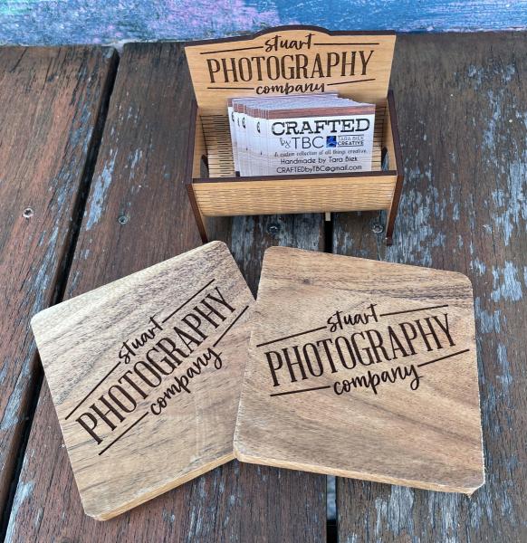 Company Logo Coasters and Business Card Holder