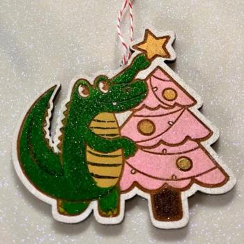 Shimmery Wood Hand Painted Alligator Ornament
